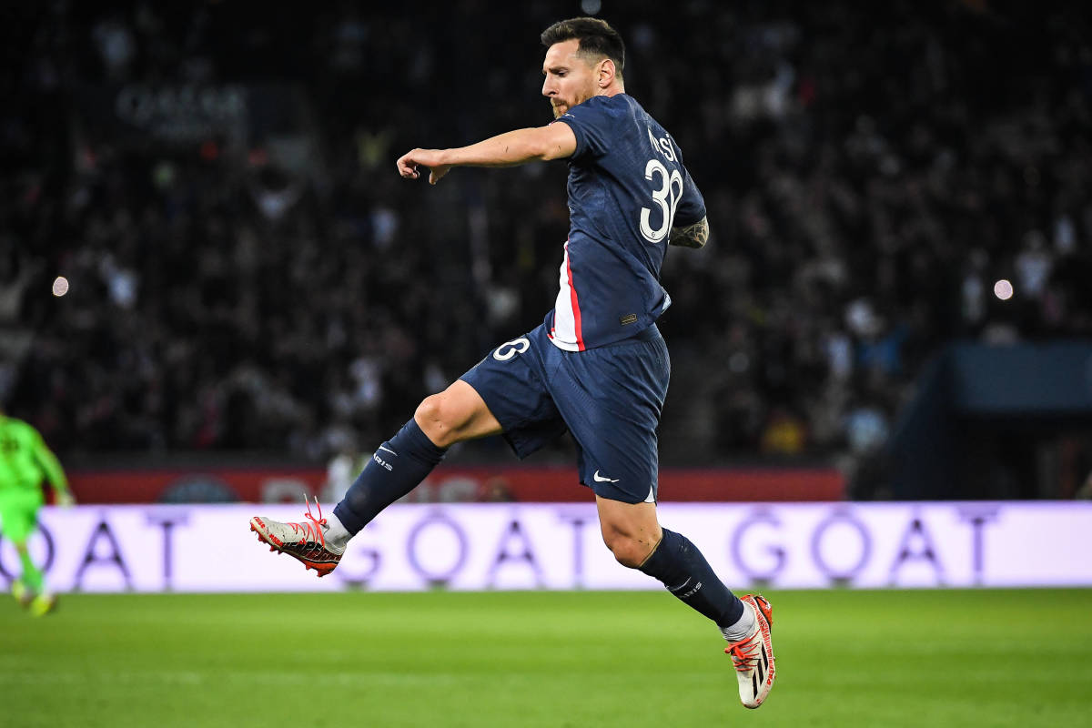 Lionel Messi pictured celebrating after scoring from a free-kick for PSG against Nice in October 2022