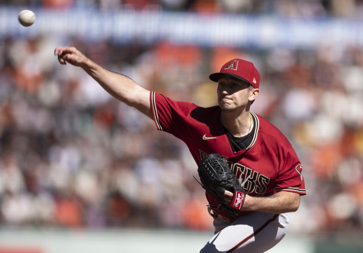 Oct 2, 2022; San Francisco, California, USA; Arizona Diamondbacks starting pitcher Zach Davies (27) delivers a pitch against the San Francisco Giants during the second inning at Oracle Park. Mandatory Credit: D. Ross Cameron-USA TODAY Sports
