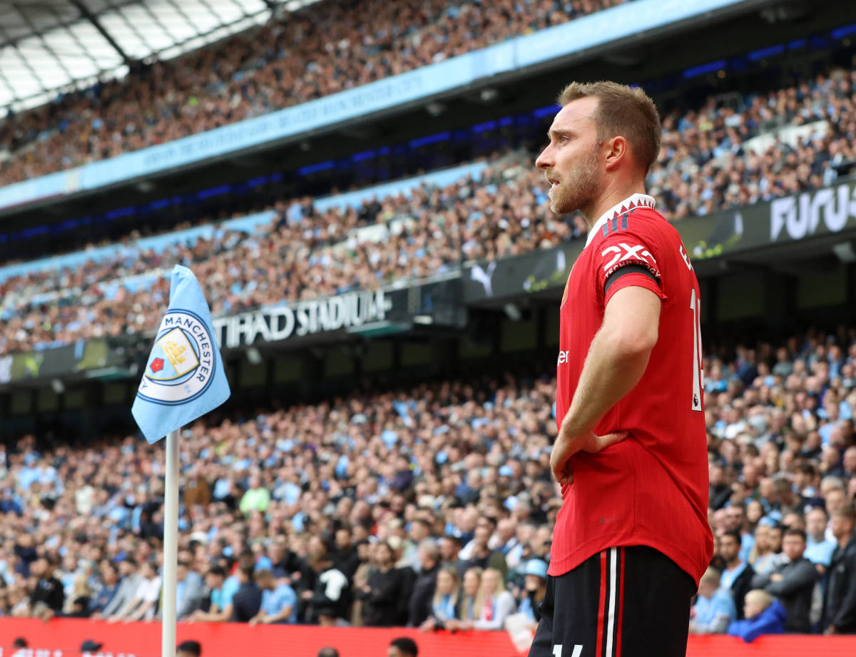Manchester United midfielder Christian Eriksen pictured at the Etihad Stadium during his team's 6-3 loss to Manchester City in October 2022