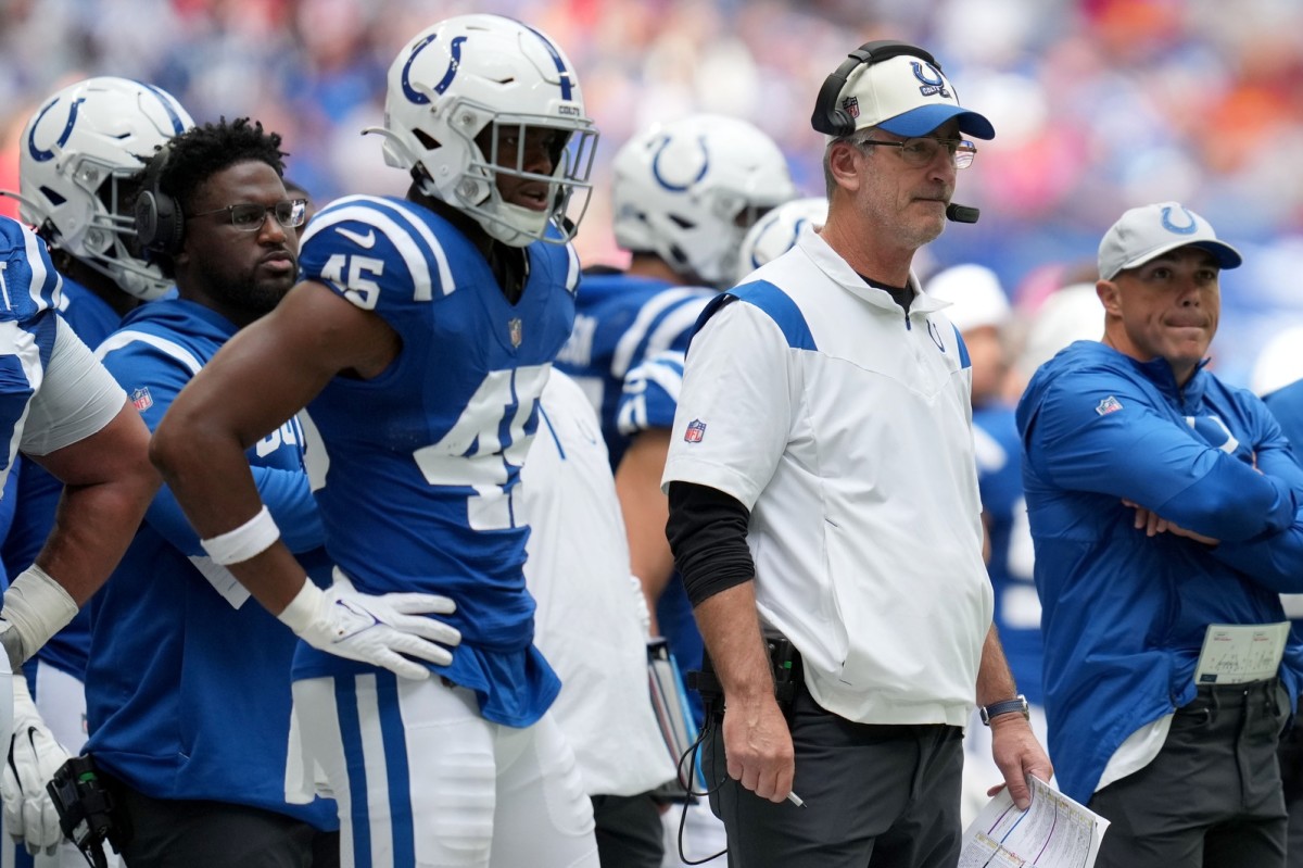 Sep 25, 2022; Indianapolis, Indiana, USA; Indianapolis Colts head coach Frank Reich watches the action on the field during a game against the Kansas City Chiefs at Lucas Oil Stadium. Mandatory Credit: Jenna Watson/IndyStar Staff-USA TODAY Sports