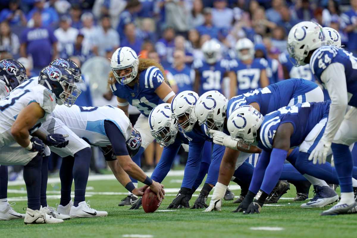 The Indianapolis Colts defensive lines up as the Tennessee Titans prepare to punt Sunday, Oct. 2, 2022, during a game against the Tennessee Titans at Lucas Oil Stadium in Indianapolis.