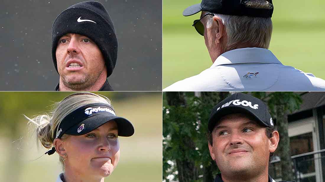 Clockwise from top left: Rory McIlroy, Greg Norman in a shark-logo shirt, Patrick Reed and Charley Hull.