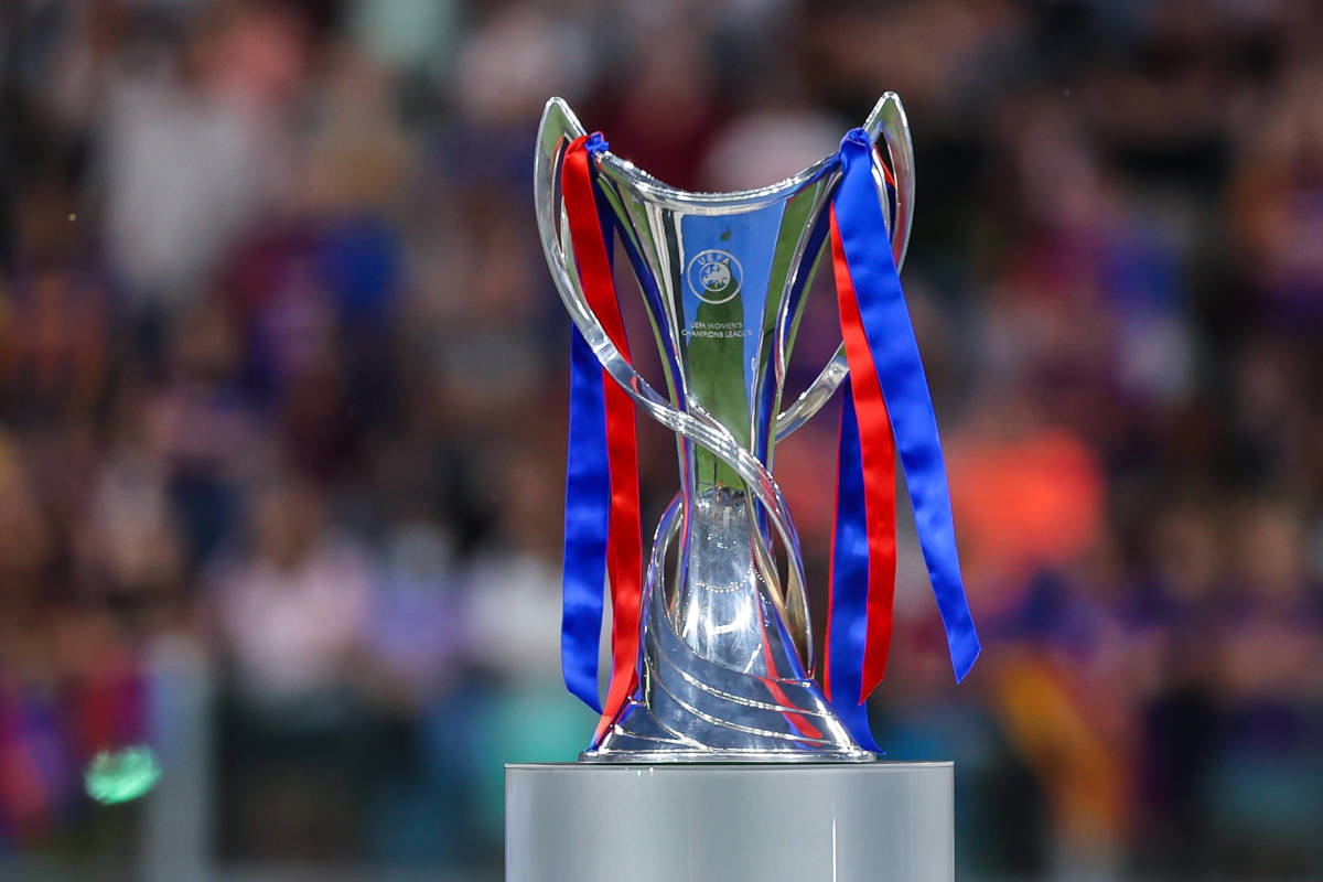 A close-up photo of the UEFA Women's Champions League trophy