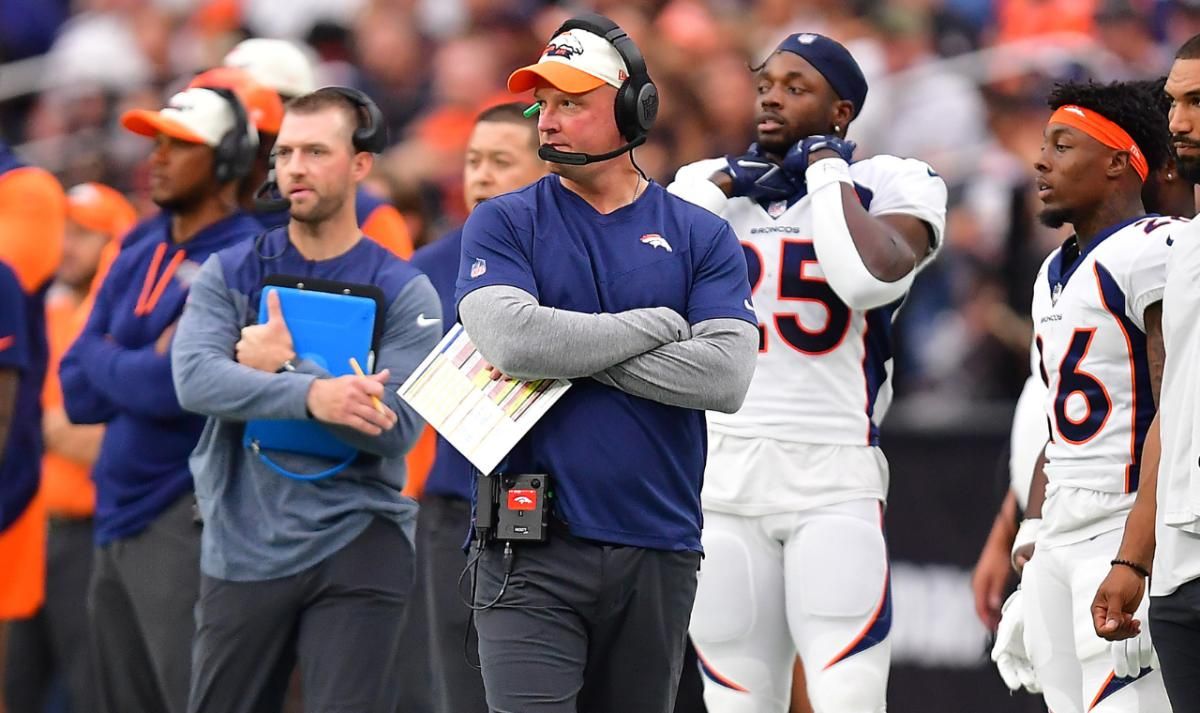 Denver Broncos head coach Nathaniel Hackett watches game action against the Las Vegas Raiders during the first half at Allegiant Stadium.