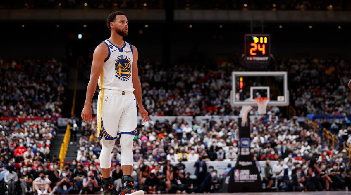 Oct 2, 2022; Saitama, JPN; Golden State Warriors guard Stephen Curry (30) reacts reacts against the Washington Wizards in a preseason game at Saitama Super Arena.