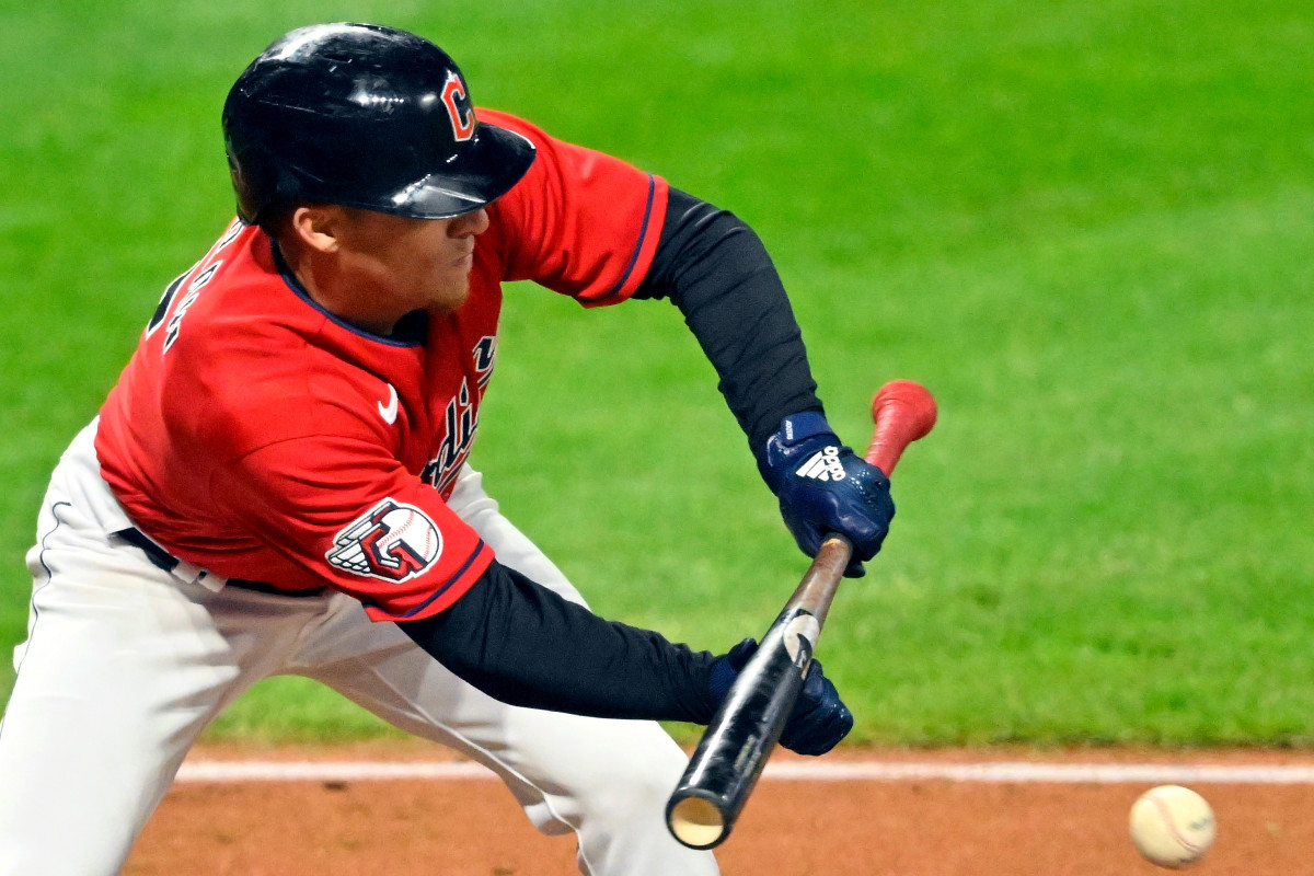 Sep 29, 2022; Cleveland, Ohio, USA; Cleveland Guardians center fielder Myles Straw (7) bunts in the eighth inning against the Tampa Bay Rays at Progressive Field.