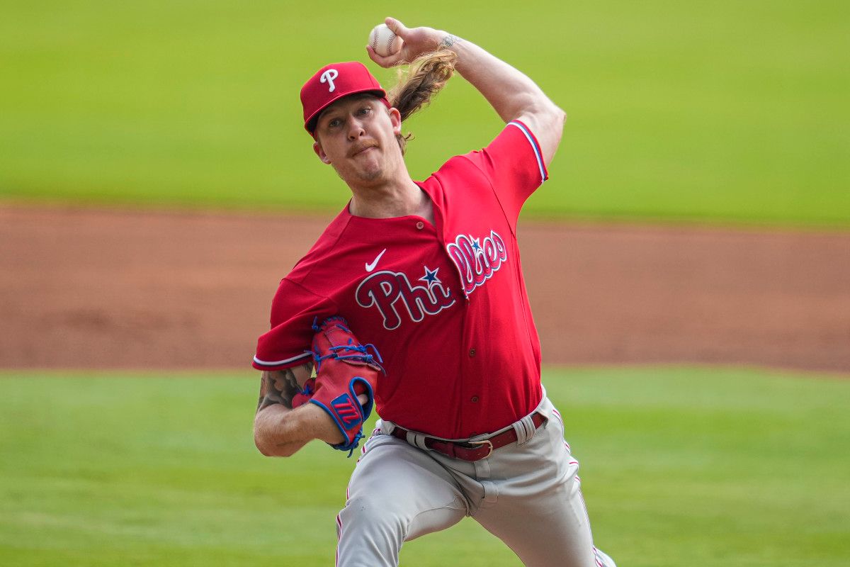 Falter slings a pitch against the Atlanta Braves.