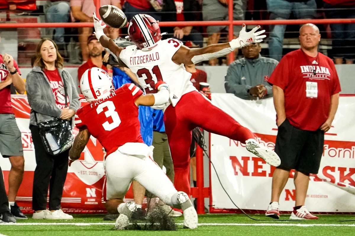 Indiana Hoosiers defensive back Bryant Fitzgerald (31) intercepts a pass intended for Nebraska Cornhuskers wide receiver Trey Palmer (3) during the third quarter at Memorial Stadium.