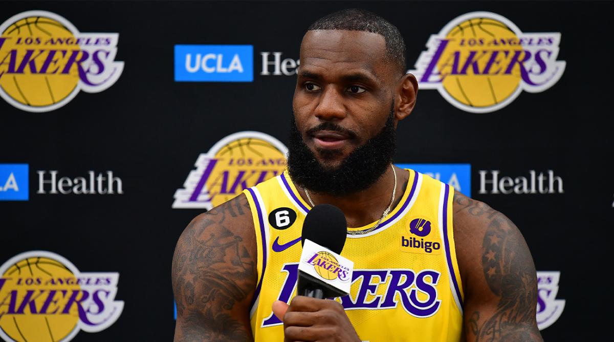 forward LeBron James (6) speaks during Lakers Media Day at UCLA Health Training Center.
