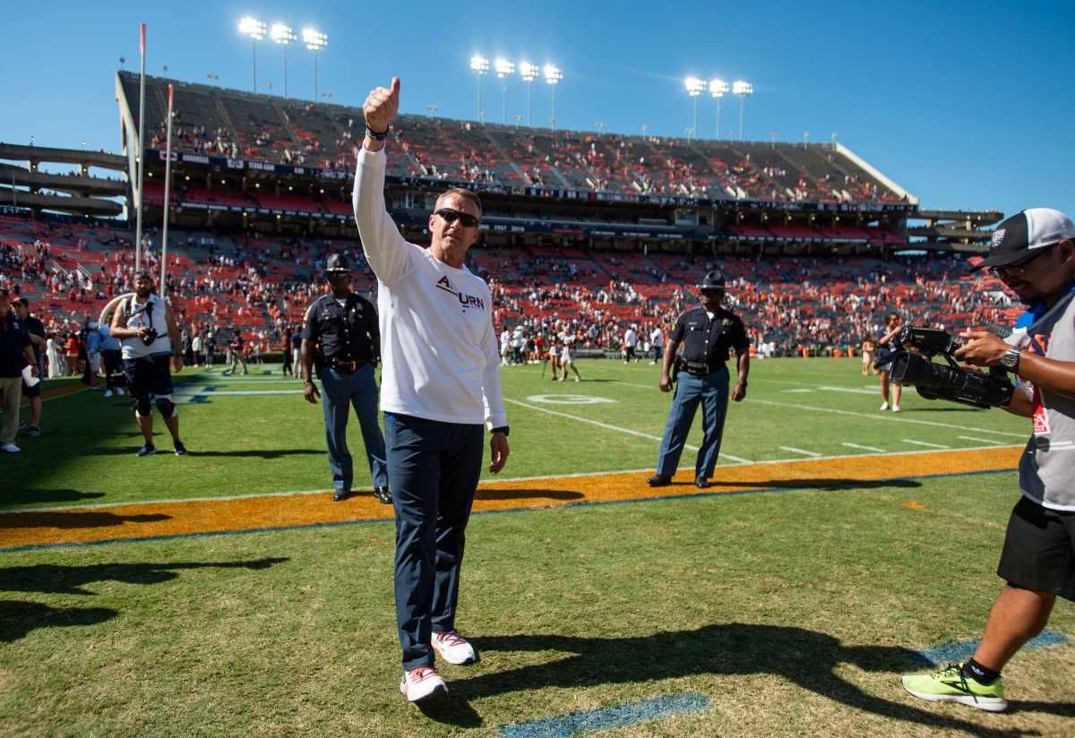 Auburn Tigers head coach Bryan Harsin acknowledges the crowed after the game as Auburn Tigers take on Missouri Tigers at Jordan-Hare Stadium in Auburn, Ala., on Saturday, Sept. 24, 2022. Auburn Tigers defeated Missouri Tigers 17-14.