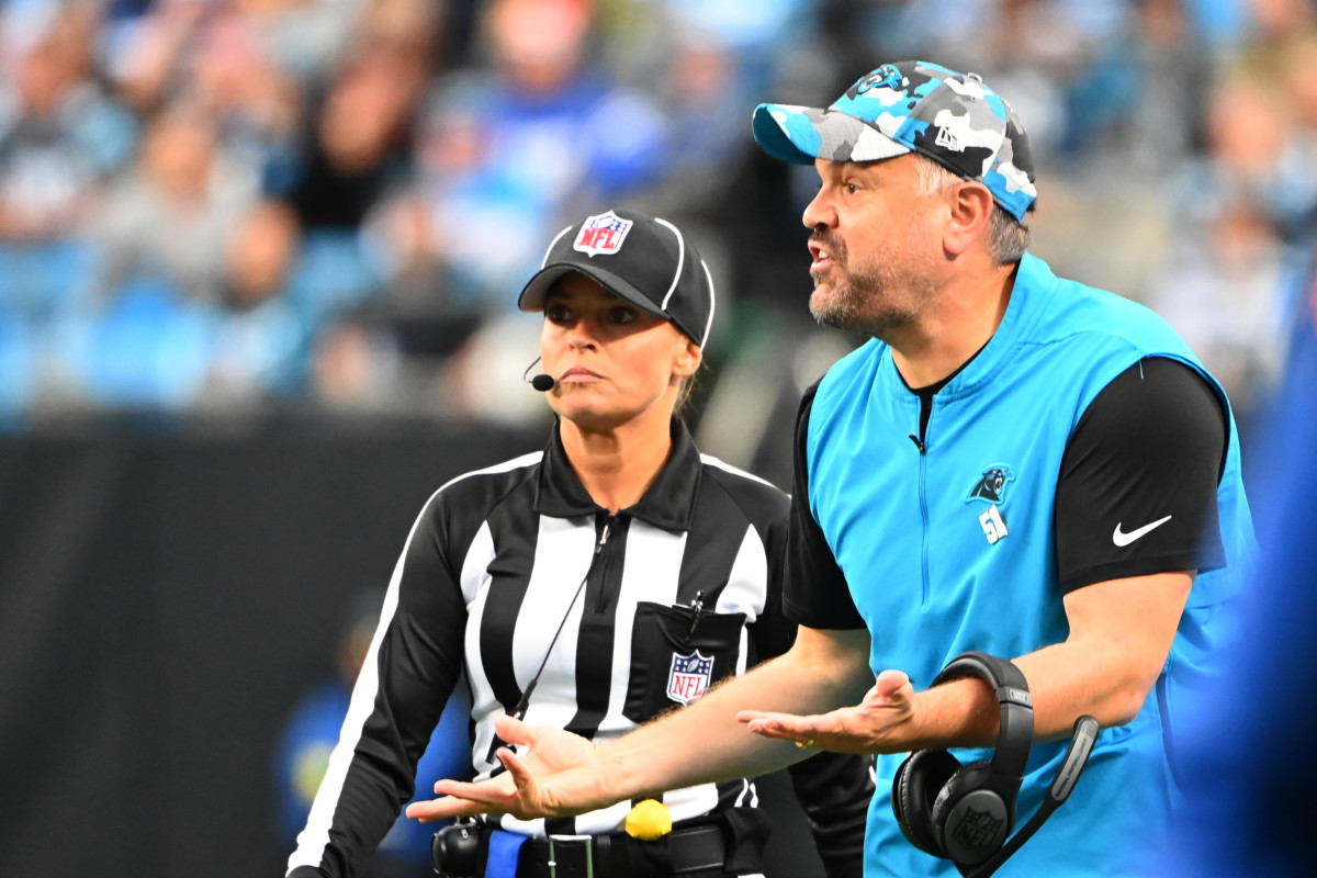 Oct 2, 2022; Charlotte, North Carolina, USA; Carolina Panthers head coach Matt Rhule reacts in the third quarter at Bank of America Stadium.