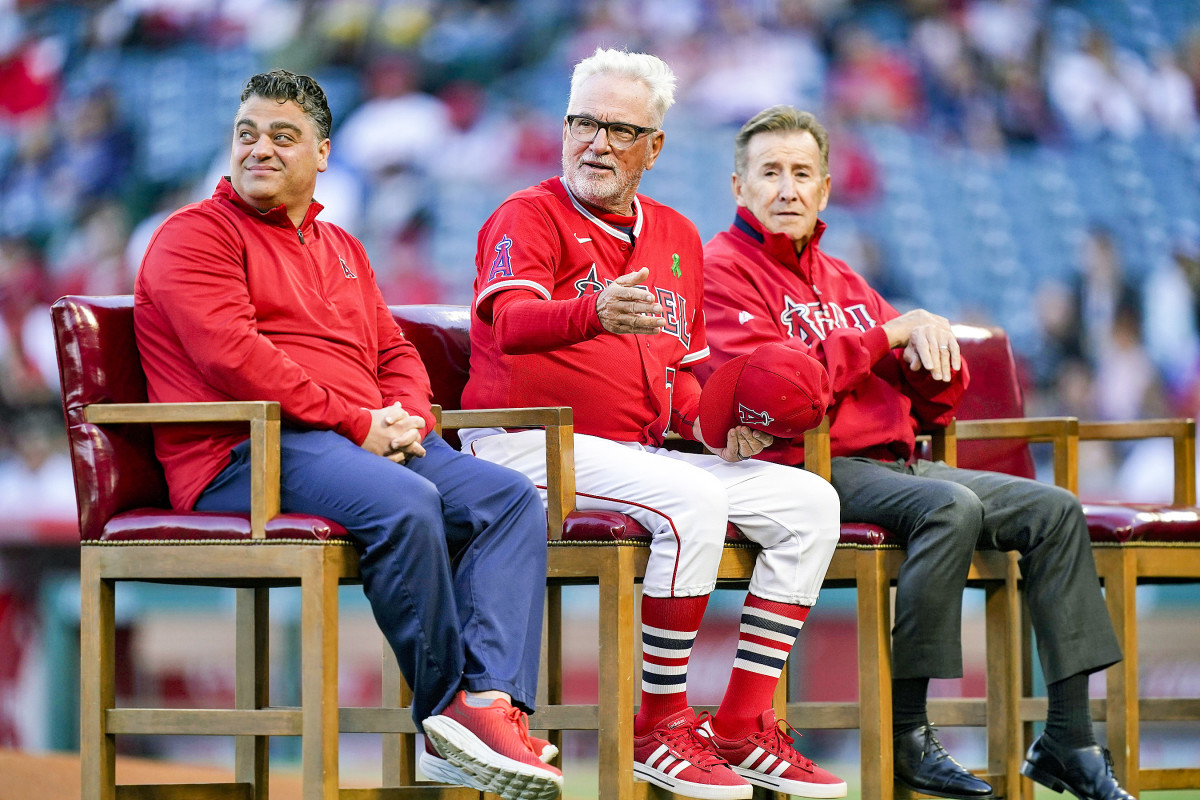 Angels GM Perry Minasian, former manager Joe Maddon and owner Arte Moreno