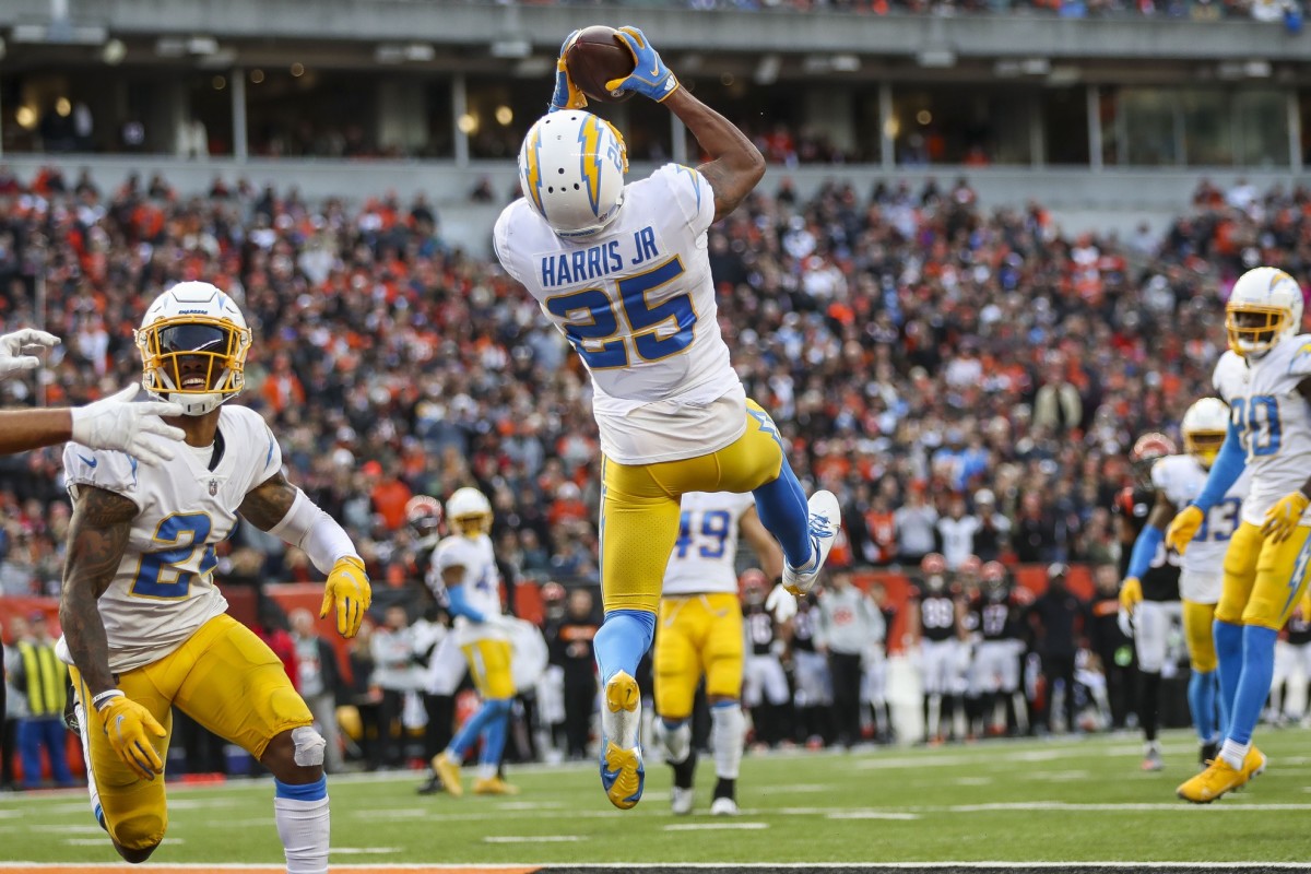 Dec 5, 2021; Chargers cornerback Chris Harris Jr. (25) intercepts the ball in the end zone against the Bengals. Mandatory Credit: Katie Stratman-USA TODAY Sports
