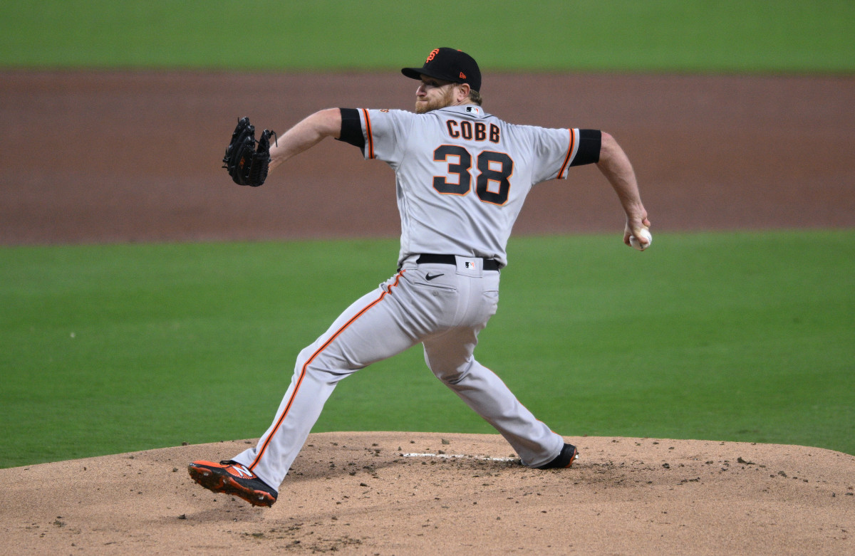 SF Giants starter Alex Cobb throws a pitch against the San Diego Padres on October 4th, 2022.