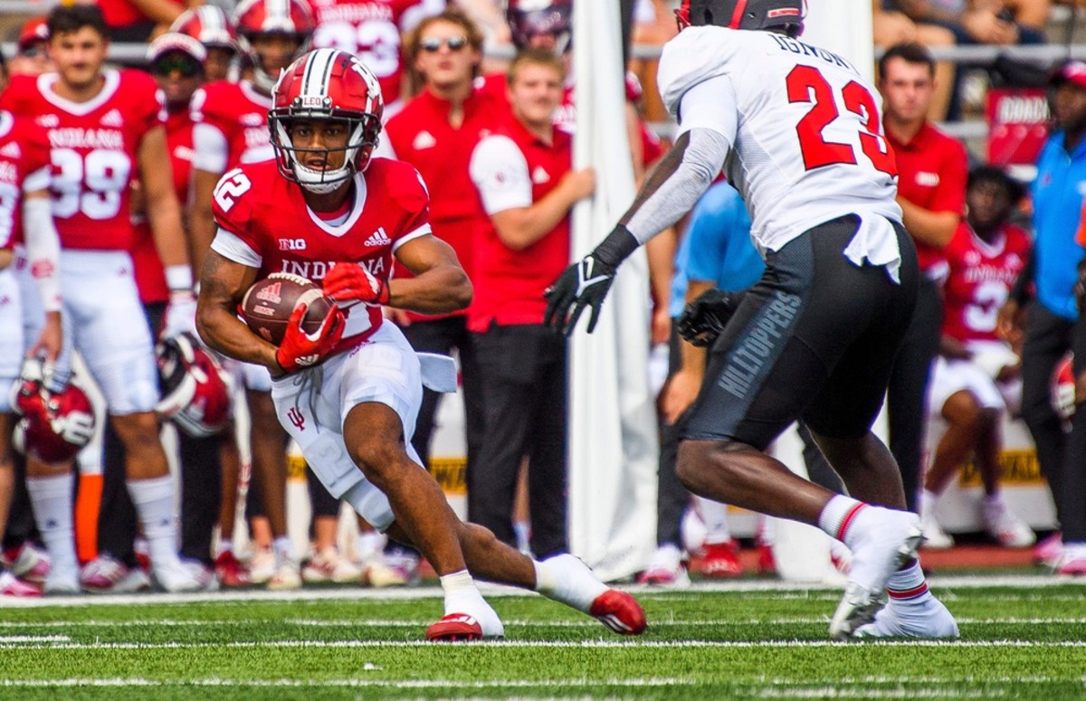 Indiana's Jaylin Lucas (12) runs after the catch during the Indiana versus Western Kentucky football game at Memorial Stadium on Sept. 17, 2022.