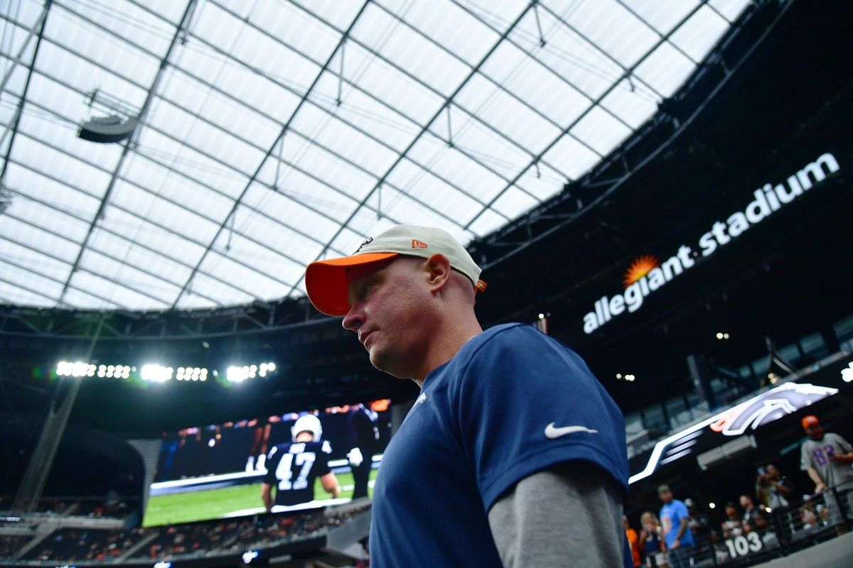 Denver Broncos head coach Nathaniel Hackett before the game against the Las Vegas Raiders at Allegiant Stadium.