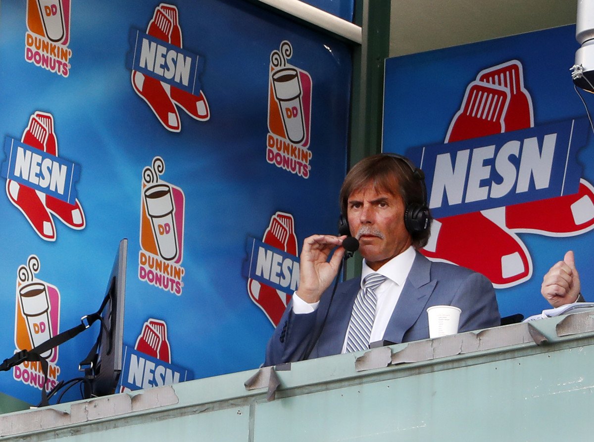 Hall of Fame pitcher and Boston Red Sox broadcaster Dennis Eckersley in the NESN TV booth before the game between the Boston Red Sox and the Chicago White Sox at Fenway Park.