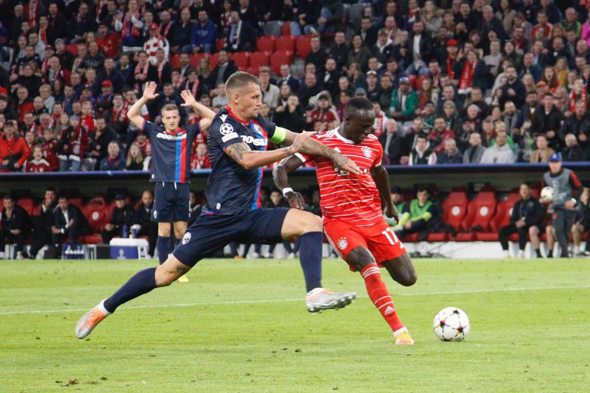Sadio Mane pictured (right) shooting to score for Bayern Munich in a 5-0 win over Viktoria Plzen in October 2022