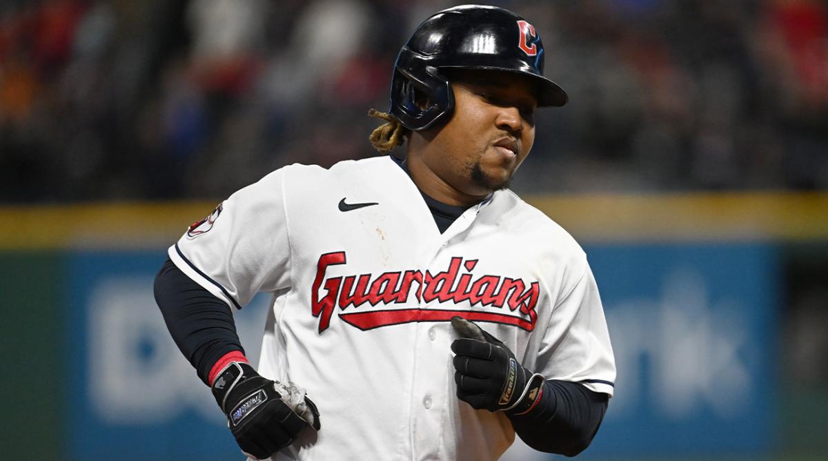 Sep 30, 2022; Cleveland, Ohio, USA; Cleveland Guardians third baseman Jose Ramirez (11) rounds the bases after hitting a home run during the sixth inning against the Kansas City Royals at Progressive Field.