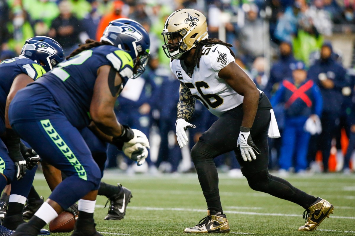 Oct 25, 2021; New Orleans Saints outside linebacker Demario Davis (56) waits for a snap against the Seattle Seahawks. Mandatory Credit: Joe Nicholson-USA TODAY Sports