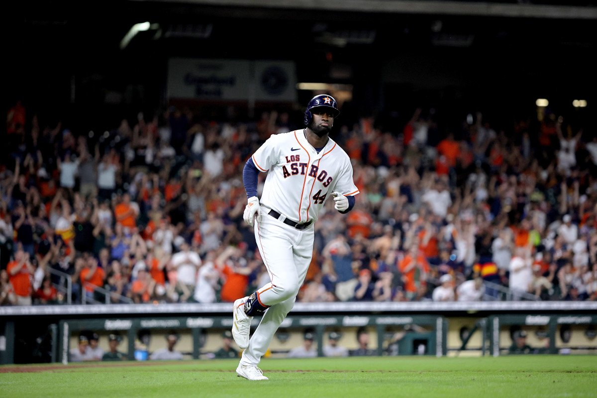 Sep 17, 2022; Houston, Texas, USA; Houston Astros designated hitter Yordan Alvarez (44) runs up the base line after hitting a home run to right field against the Oakland Athletics during the eighth inningat Minute Maid Park.