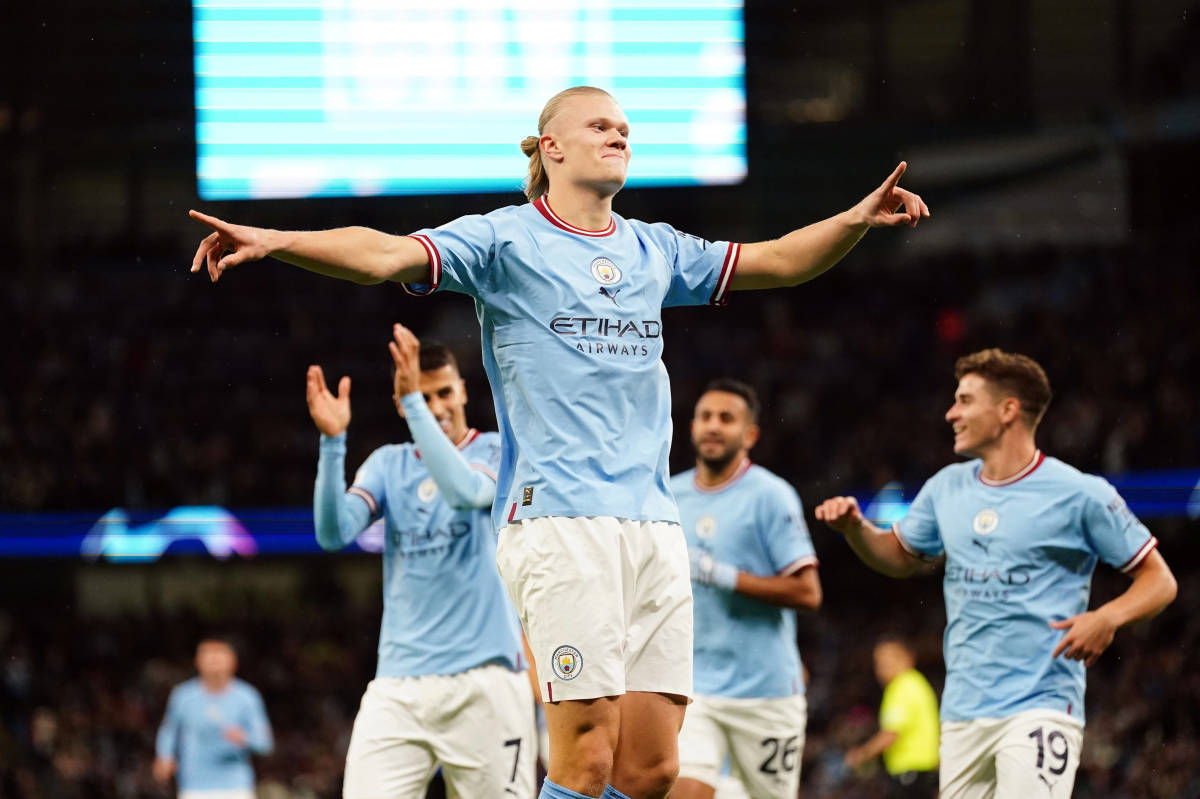 Erling Haaland pictured celebrating a goal during Manchester City's 5-0 win over Copenhagen in October 2022