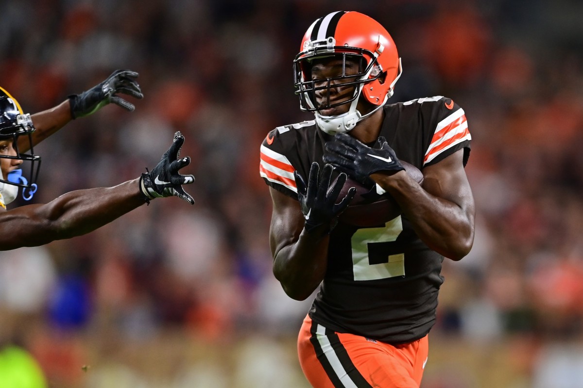 Sep 22, 2022; Cleveland, Ohio, USA; Cleveland Browns wide receiver Amari Cooper (2) catches a pass during the third quarter against the Pittsburgh Steelers at FirstEnergy Stadium. Mandatory Credit: David Dermer-USA TODAY Sports