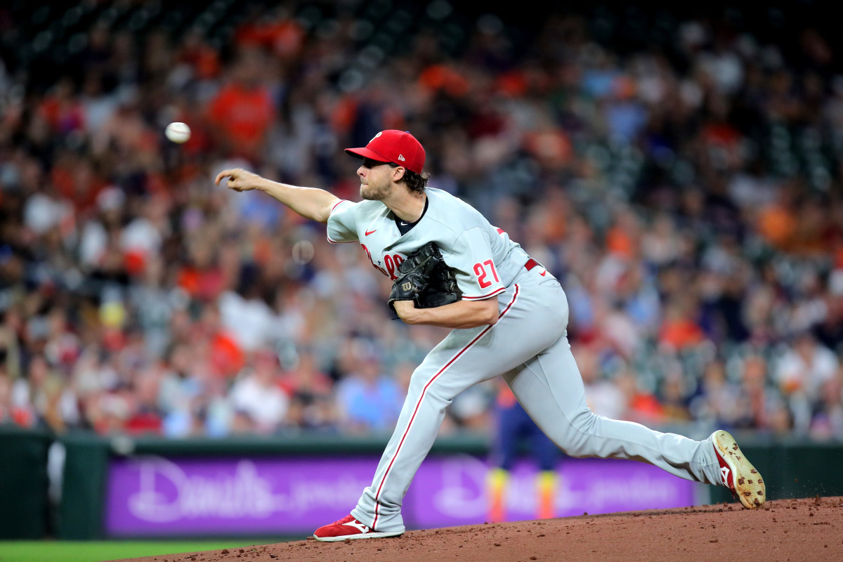Aaron Nola throws a pitch at Minute Maid Park.