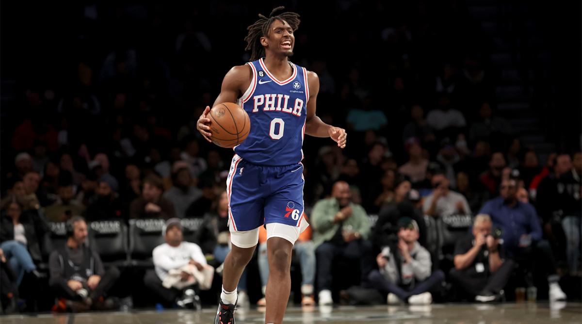 Oct 3, 2022; Brooklyn, New York, USA; Philadelphia 76ers guard Tyrese Maxey (0) brings the ball up court against the Brooklyn Nets during the second quarter at Barclays Center.