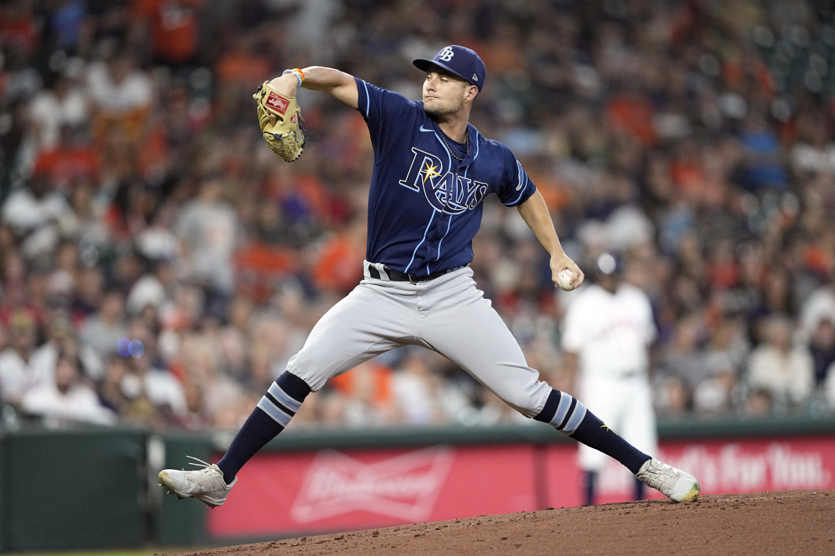Tampa Bay Rays starting pitcher Shane McClanahan throws against the Houston Astros during the first inning of a baseball game Saturday, Oct. 1, 2022, in Houston.