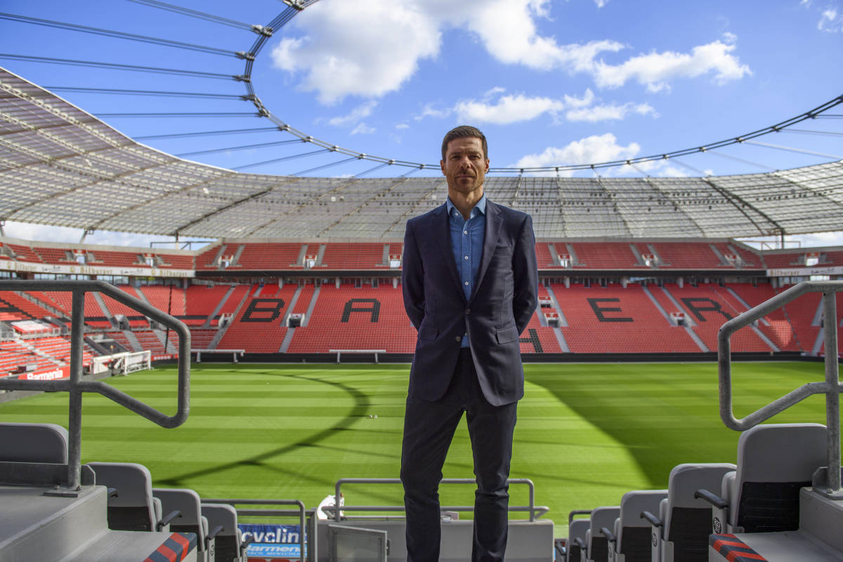 Xabi Alonso pictured at the Bay Arena after being appointed manager of Bayer Leverkusen in October 2022