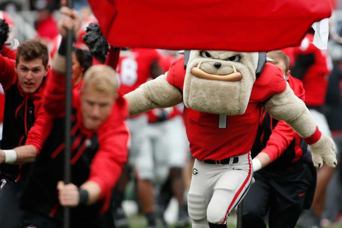 Georgia mascot Hairy Dawg leads the team onto the field during the first half of a NCAA college football game between Missouri and Georgia in Athens, Ga., on Saturday, Nov. 6, 2021. News Joshua L Jones