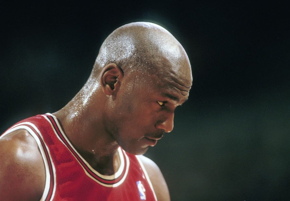 Chicago Bulls guard Michael Jordan (23) against the Portland Trail Blazers at Memorial Coliseum.