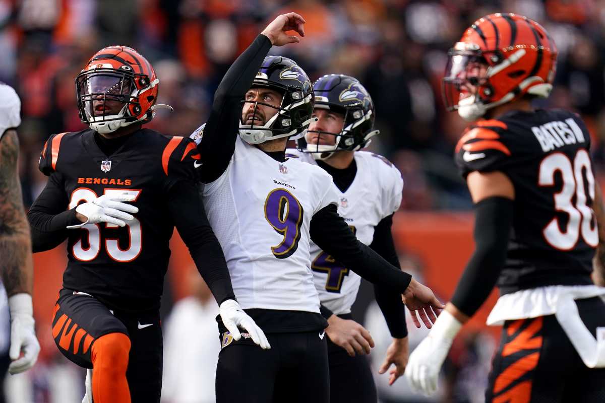 Baltimore Ravens kicker Justin Tucker (9) follows through on a field goal in the first quarter during a Week 16 NFL game against the Cincinnati Bengals, Sunday, Dec. 26, 2021, at Paul Brown Stadium in Cincinnati. Baltimore Ravens At Cincinnati Bengals Dec 26