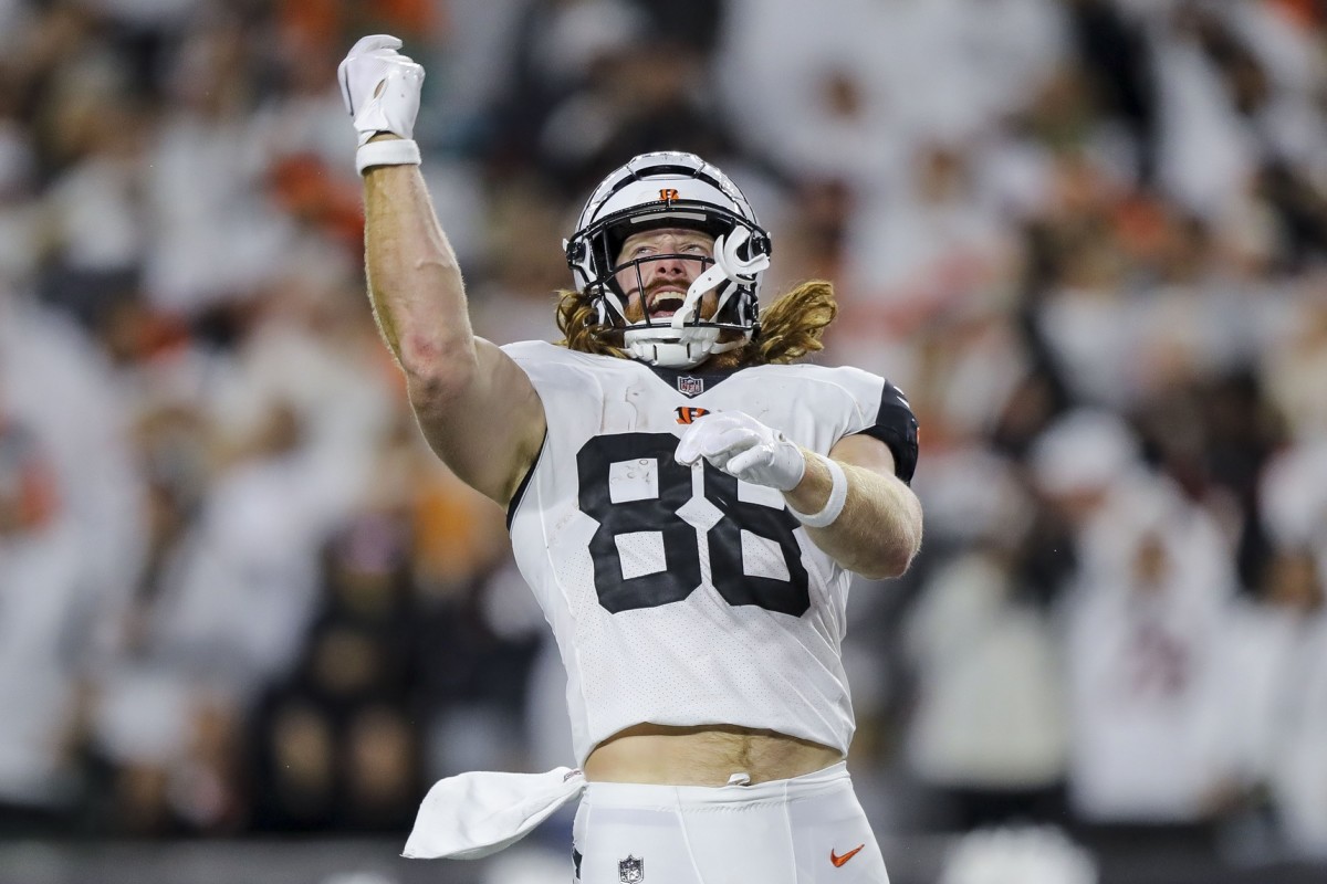 Sep 29, 2022; Cincinnati, Ohio, USA; Cincinnati Bengals tight end Hayden Hurst (88) reacts after scoring a touchdown against the Miami Dolphins in the second half at Paycor Stadium. Mandatory Credit: Katie Stratman-USA TODAY Sports