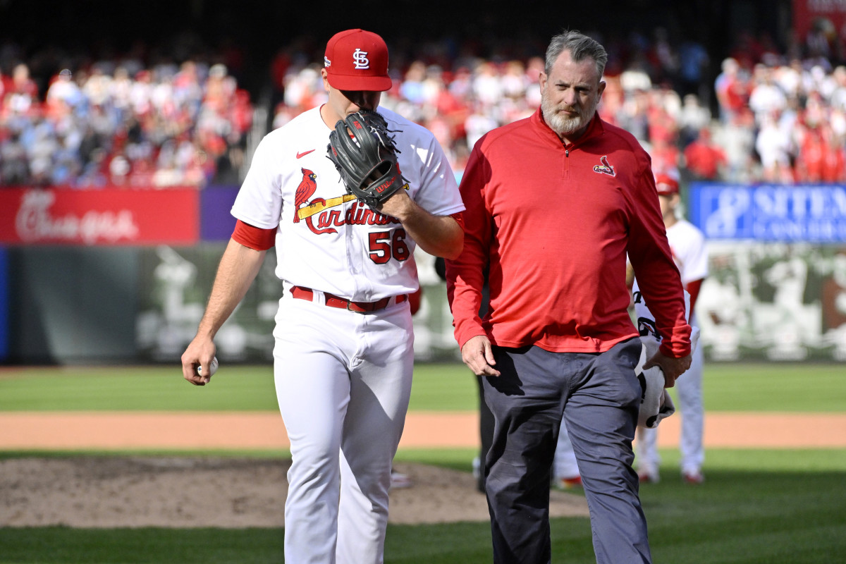 Ryan Helsley is removed from the game in the ninth inning of the Cardinals’ 6–3 loss to the Phillies