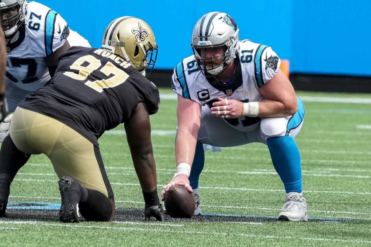 Sep 19, 2021; New Orleans Saints defensive end Malcolm Roach (97) goes up against the Carolina Panthers. Mandatory Credit: Jim Dedmon-USA TODAY Sports