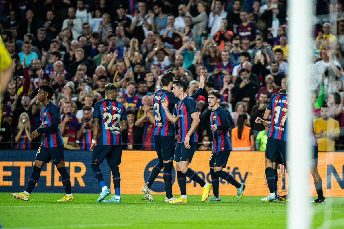 Barcelona players pictured celebrating during their 1-0 win over Celta Vigo in October 2022