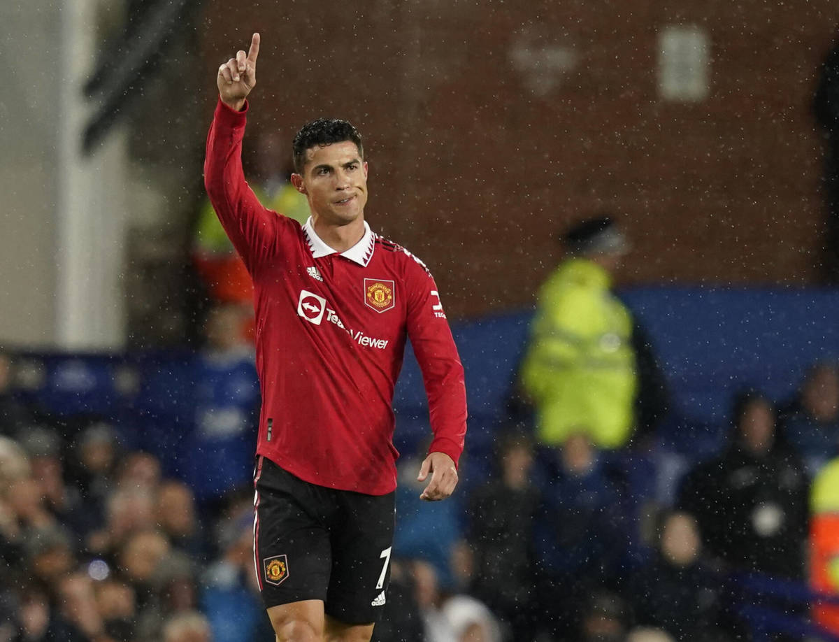 Cristiano Ronaldo pictured celebrating after scoring his 700th club goal in Manchester United's 2-1 win over Everton in October 2022
