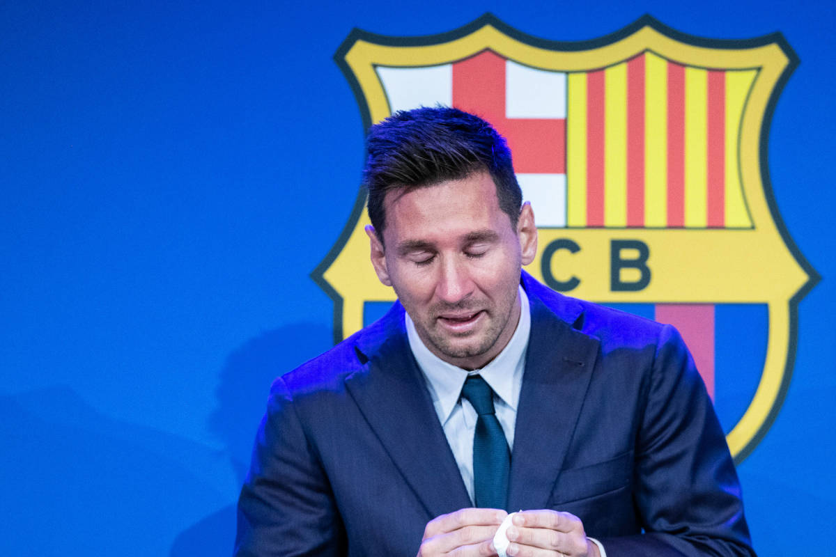Lionel Messi pictured in tears in August 2021 when he said goodbye to Barcelona in a farewell press conference ahead of his transfer to Paris Saint-Germain