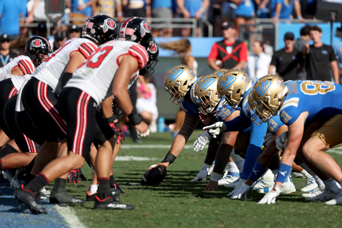 The UCLA Bruins offensive line is seen on a line of the scrimmage against the Utah Utes during the fourth quarter at Rose Bowl.