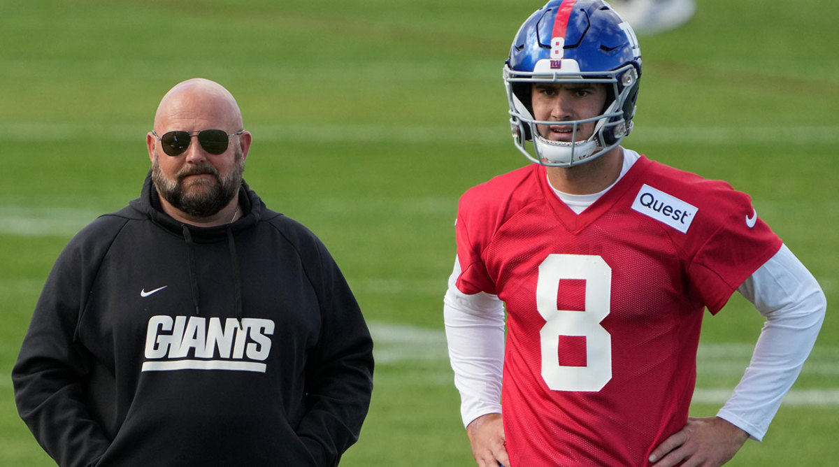 Brian Daboll and Daniel Jones at practice earlier last week in the UK