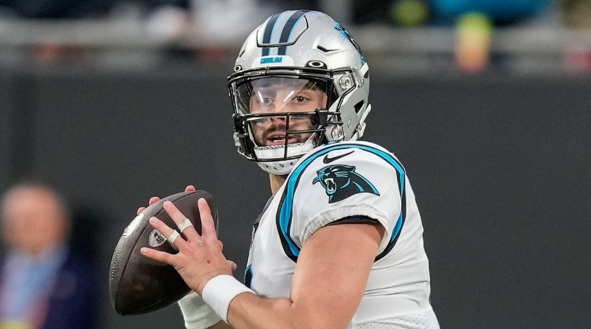 Panthers quarterback Baker Mayfield attempts a pass during a game vs. the 49ers on Oct. 9, 2022.