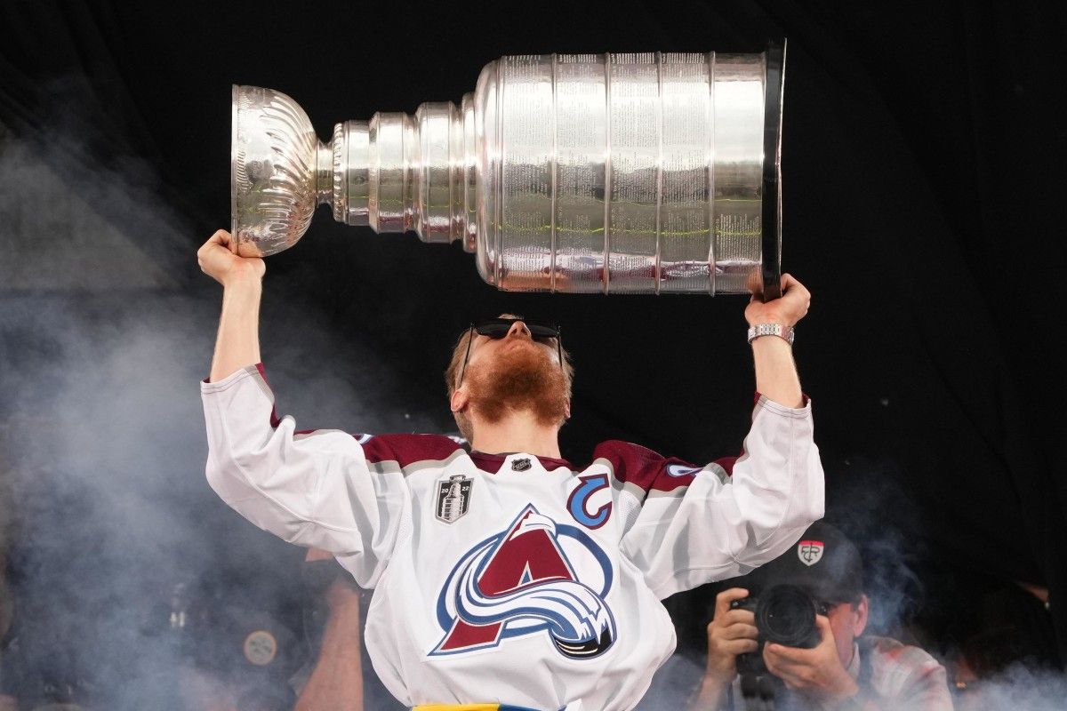 Colorado Avalanche left winger Gabriel Landeskog celebrates with the Stanley Cup.