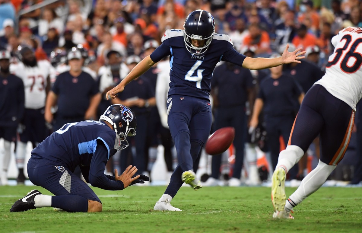 Tennessee Titans kicker Sam Fickens (4) kicks a field goal during the first half against the Chicago Bears at Nissan Stadium.