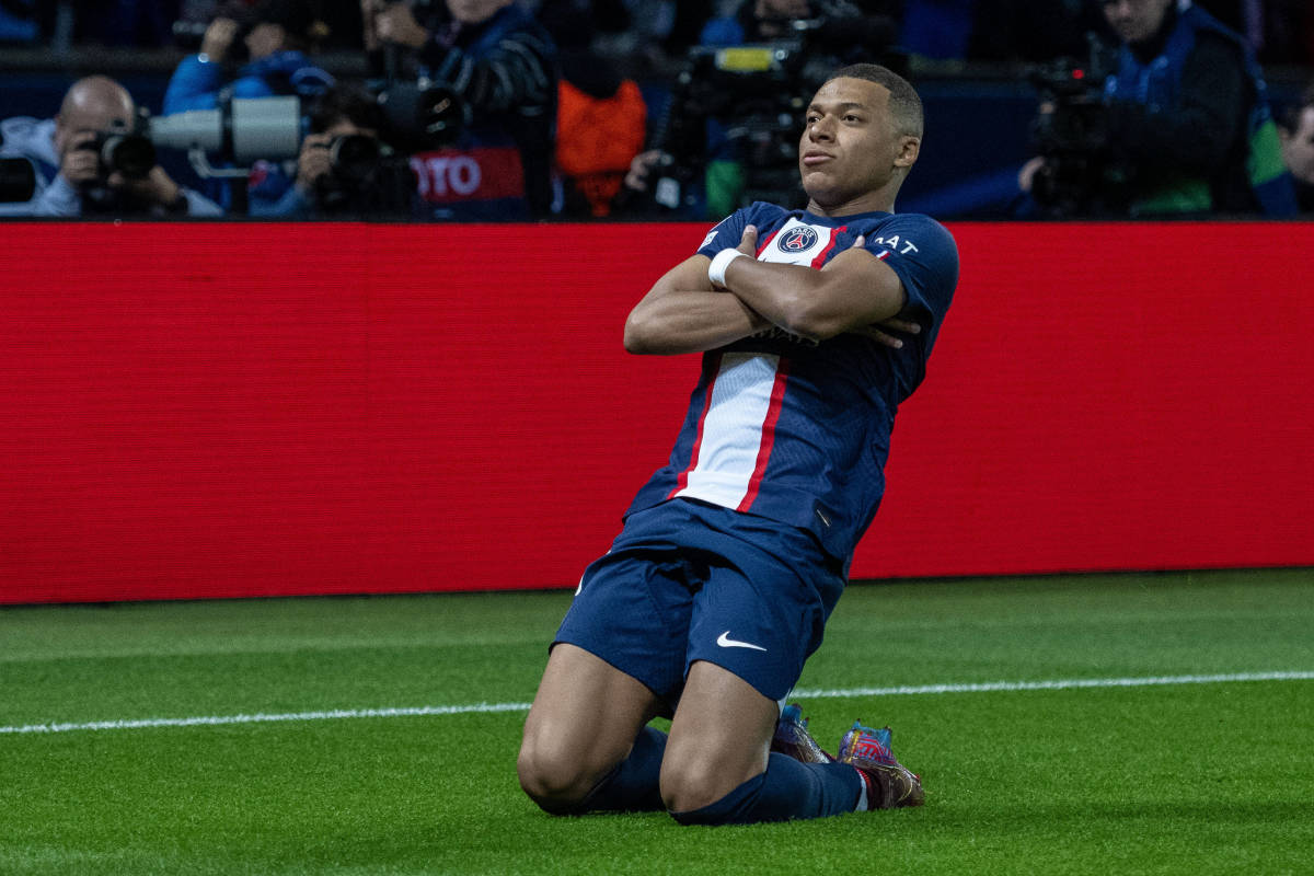 Kylian Mbappe pictured after scoring for PSG in a 1-1 draw with Benfica in October 2022