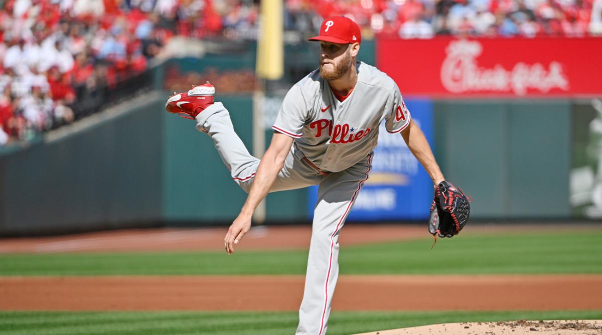 Oct 7, 2022; St. Louis, Missouri, USA; Philadelphia Phillies starting pitcher Zack Wheeler (45) pitches during the first inning against the St. Louis Cardinals during game one of the Wild Card series for the 2022 MLB Playoffs at Busch Stadium.