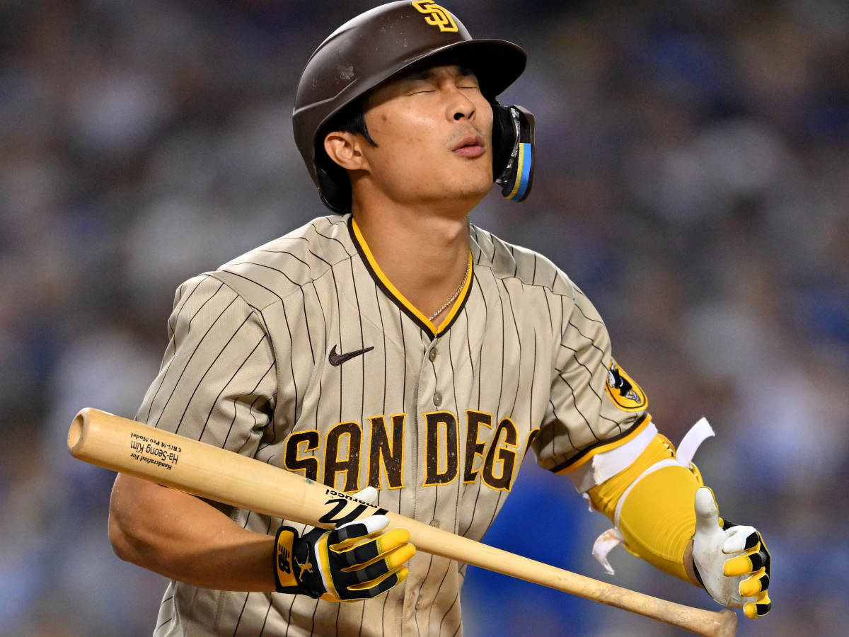 Padres shortstop Ha-Seong Kim reacts after striking out in Game 1 of the 2022 NLDS
