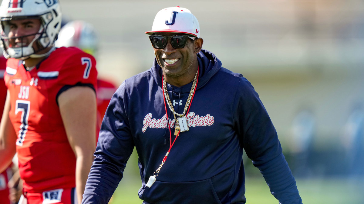 Jackson State’s Deion Sanders smiles during practice