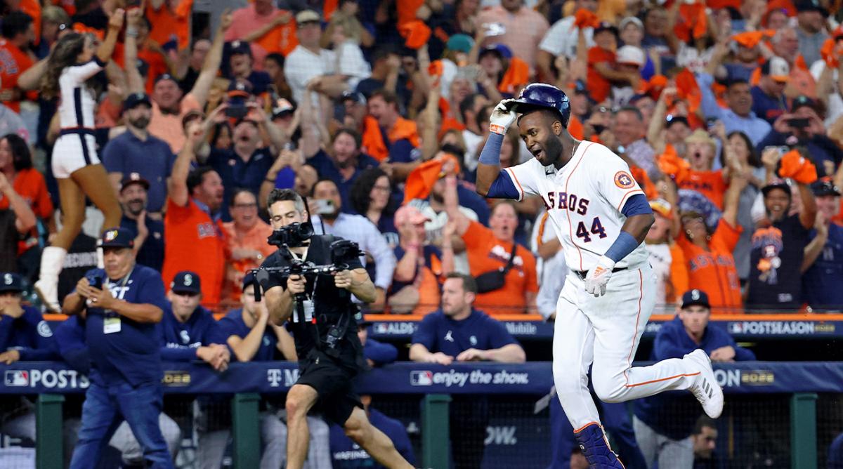 Oct 11, 2022; Houston, Texas, USA; Houston Astros designated hitter Yordan Alvarez (44) celebrates after after hitting a walk-off three-run home run against the Seattle Mariners during the ninth inning in game one of the ALDS for the 2022 MLB Playoffs at Minute Maid Park.